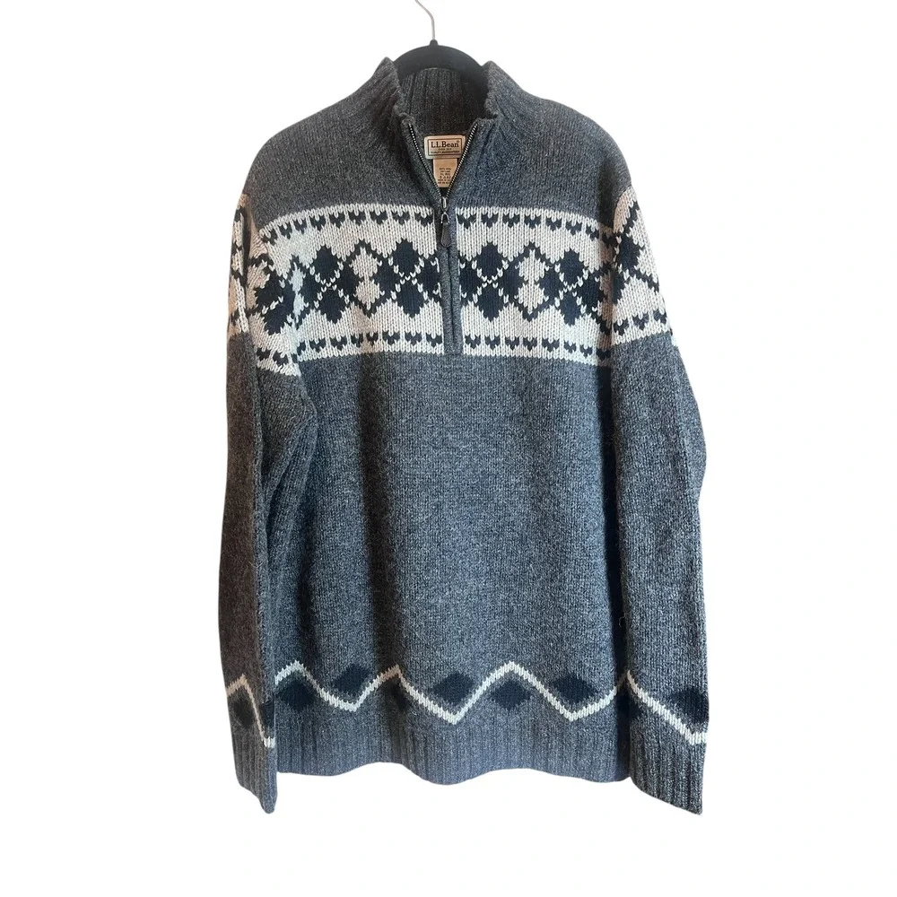 LL Bean Mens XL Shetland Wool‎ Quarter Zip Fair Isle Sweater Gray Nordic